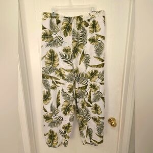 NWT 3X Linen Cotton Green White Leaf Print Wide Leg Pants